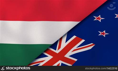 Two states flags of Hungary and New Zealand. High quality business background. 3d illustration. The flags of Hungary and New Zealand. News, reportage, business background. 3d illustration