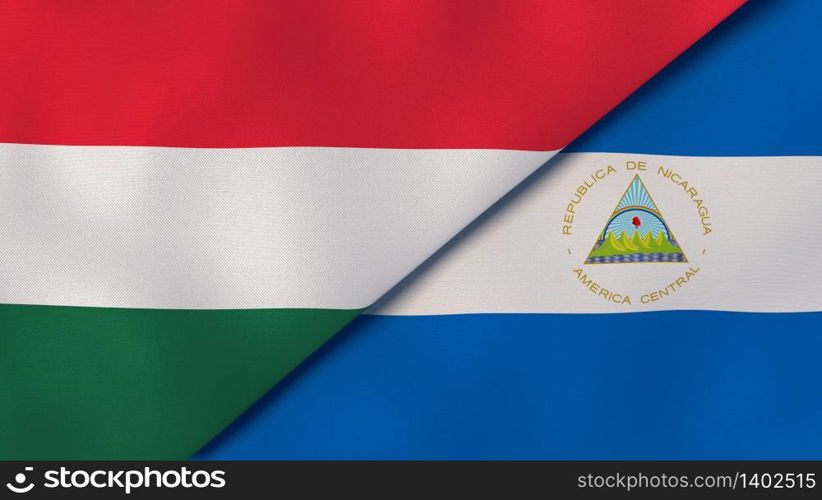 Two states flags of Hungary and Nicaragua. High quality business background. 3d illustration. The flags of Hungary and Nicaragua. News, reportage, business background. 3d illustration