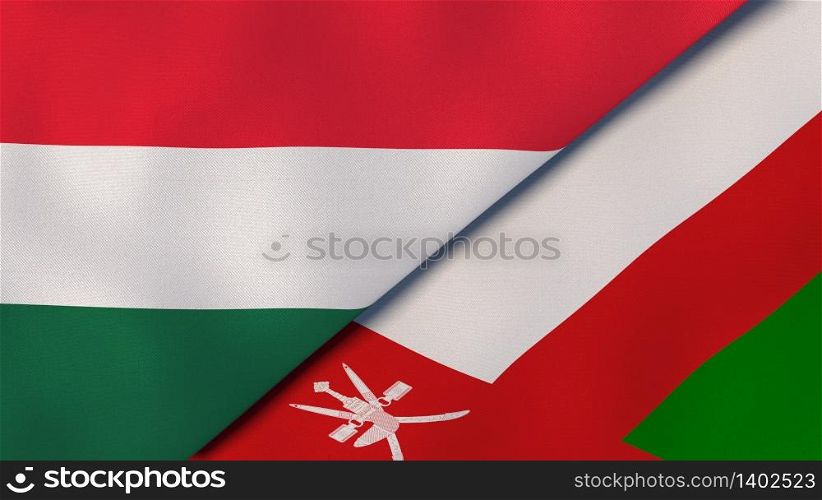 Two states flags of Hungary and Oman. High quality business background. 3d illustration. The flags of Hungary and Oman. News, reportage, business background. 3d illustration