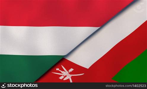 Two states flags of Hungary and Oman. High quality business background. 3d illustration. The flags of Hungary and Oman. News, reportage, business background. 3d illustration
