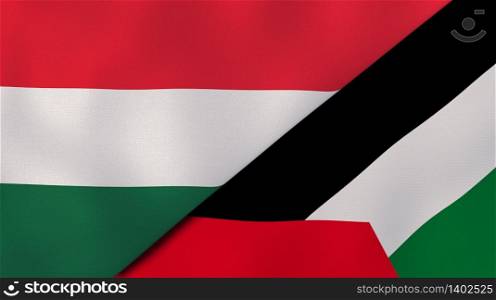 Two states flags of Hungary and Palestine. High quality business background. 3d illustration. The flags of Hungary and Palestine. News, reportage, business background. 3d illustration