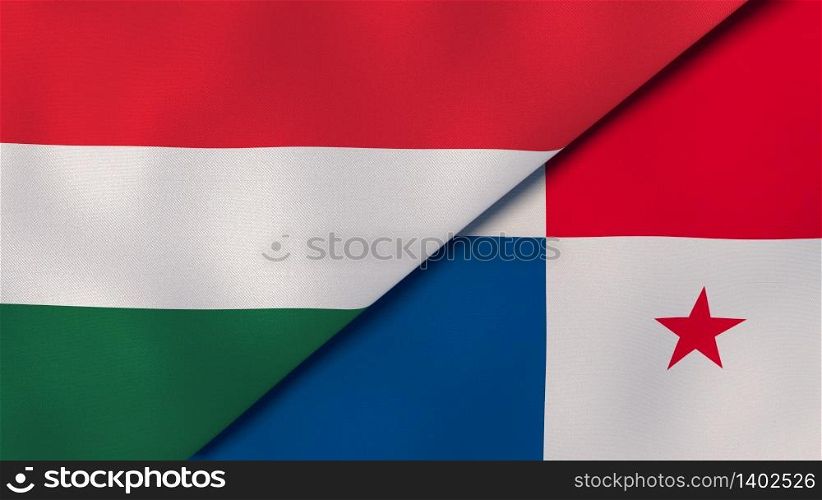 Two states flags of Hungary and Panama. High quality business background. 3d illustration. The flags of Hungary and Panama. News, reportage, business background. 3d illustration