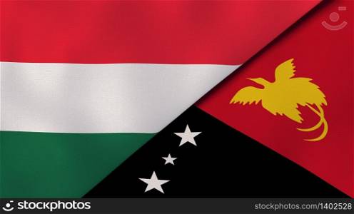Two states flags of Hungary and Papua New Guinea. High quality business background. 3d illustration. The flags of Hungary and Papua New Guinea. News, reportage, business background. 3d illustration