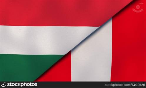 Two states flags of Hungary and Peru. High quality business background. 3d illustration. The flags of Hungary and Peru. News, reportage, business background. 3d illustration