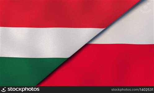 Two states flags of Hungary and Poland. High quality business background. 3d illustration. The flags of Hungary and Poland. News, reportage, business background. 3d illustration