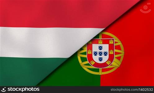 Two states flags of Hungary and Portugal. High quality business background. 3d illustration. The flags of Hungary and Portugal. News, reportage, business background. 3d illustration
