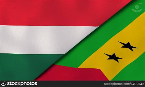 Two states flags of Hungary and Sao Tome and Principe. High quality business background. 3d illustration. The flags of Hungary and Sao Tome and Principe. News, reportage, business background. 3d illustration