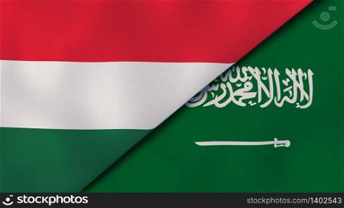 Two states flags of Hungary and Saudi Arabia. High quality business background. 3d illustration. The flags of Hungary and Saudi Arabia. News, reportage, business background. 3d illustration
