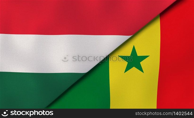 Two states flags of Hungary and Senegal. High quality business background. 3d illustration. The flags of Hungary and Senegal. News, reportage, business background. 3d illustration