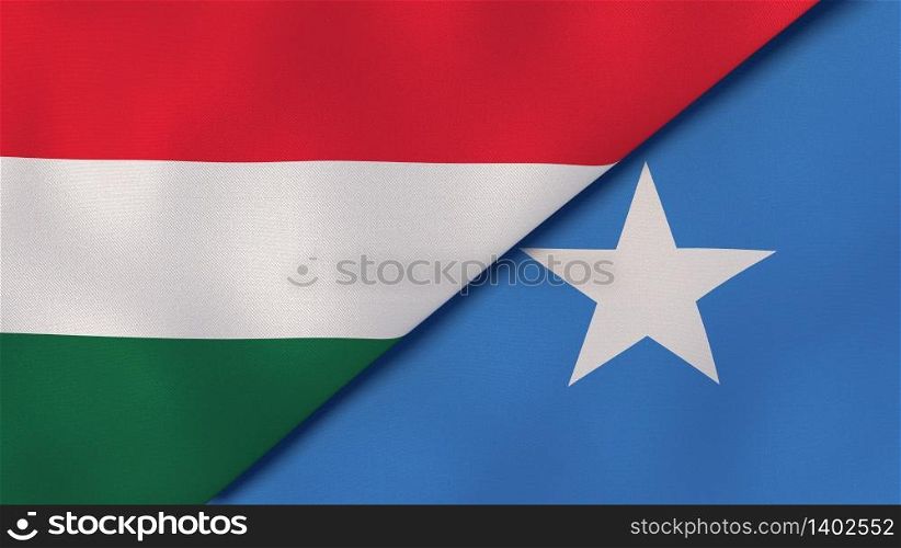Two states flags of Hungary and Somalia. High quality business background. 3d illustration. The flags of Hungary and Somalia. News, reportage, business background. 3d illustration