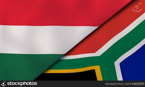 Two states flags of Hungary and South Africa. High quality business background. 3d illustration. The flags of Hungary and South Africa. News, reportage, business background. 3d illustration