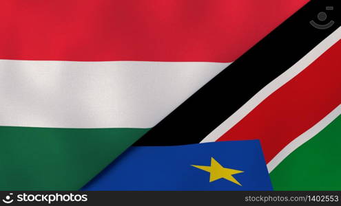 Two states flags of Hungary and South Sudan. High quality business background. 3d illustration. The flags of Hungary and South Sudan. News, reportage, business background. 3d illustration