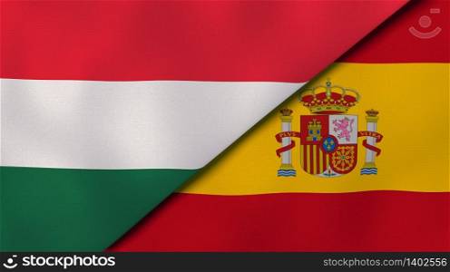 Two states flags of Hungary and Spain. High quality business background. 3d illustration. The flags of Hungary and Spain. News, reportage, business background. 3d illustration