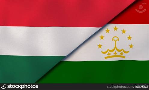 Two states flags of Hungary and Tajikistan. High quality business background. 3d illustration. The flags of Hungary and Tajikistan. News, reportage, business background. 3d illustration