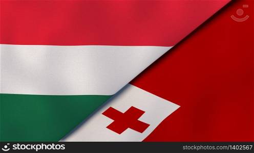 Two states flags of Hungary and Tonga. High quality business background. 3d illustration. The flags of Hungary and Tonga. News, reportage, business background. 3d illustration