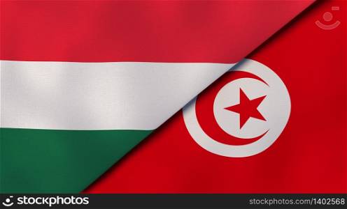 Two states flags of Hungary and Tunisia. High quality business background. 3d illustration. The flags of Hungary and Tunisia. News, reportage, business background. 3d illustration