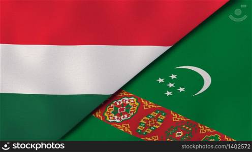 Two states flags of Hungary and Turkmenistan. High quality business background. 3d illustration. The flags of Hungary and Turkmenistan. News, reportage, business background. 3d illustration