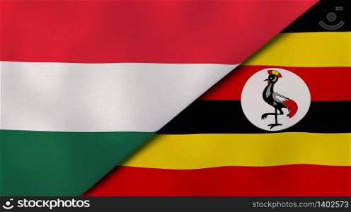 Two states flags of Hungary and Uganda. High quality business background. 3d illustration. The flags of Hungary and Uganda. News, reportage, business background. 3d illustration