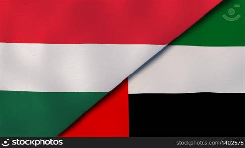 Two states flags of Hungary and United Arab Emirates. High quality business background. 3d illustration. The flags of Hungary and United Arab Emirates. News, reportage, business background. 3d illustration
