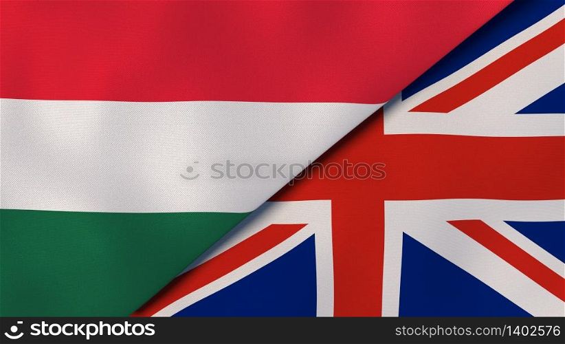 Two states flags of Hungary and United Kingdom. High quality business background. 3d illustration. The flags of Hungary and United Kingdom. News, reportage, business background. 3d illustration