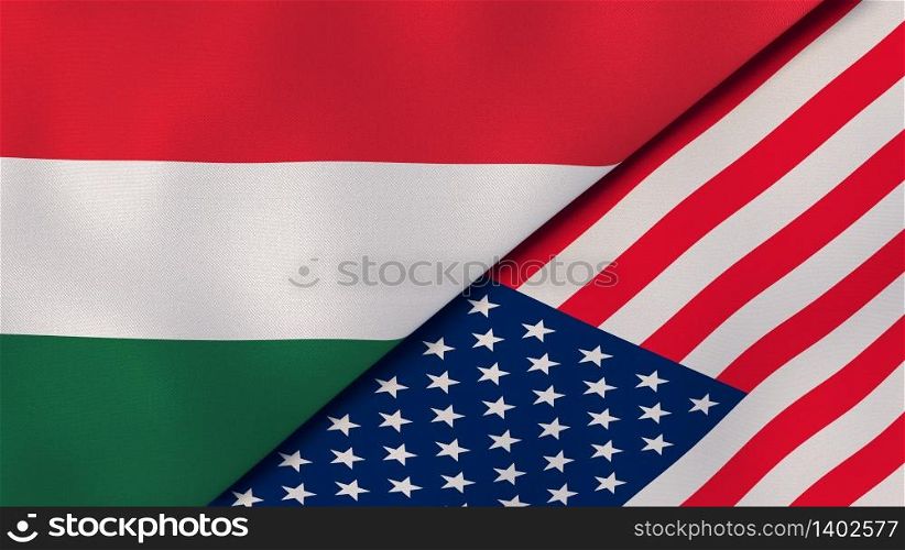 Two states flags of Hungary and United States. High quality business background. 3d illustration. The flags of Hungary and United States. News, reportage, business background. 3d illustration