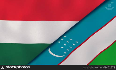 Two states flags of Hungary and Uzbekistan. High quality business background. 3d illustration. The flags of Hungary and Uzbekistan. News, reportage, business background. 3d illustration