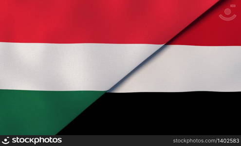 Two states flags of Hungary and Yemen. High quality business background. 3d illustration. The flags of Hungary and Yemen. News, reportage, business background. 3d illustration