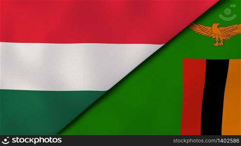Two states flags of Hungary and Zambia. High quality business background. 3d illustration. The flags of Hungary and Zambia. News, reportage, business background. 3d illustration