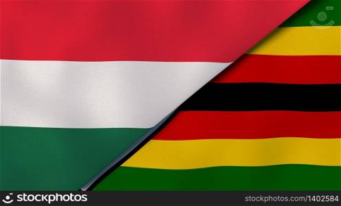 Two states flags of Hungary and Zimbabwe. High quality business background. 3d illustration. The flags of Hungary and Zimbabwe. News, reportage, business background. 3d illustration
