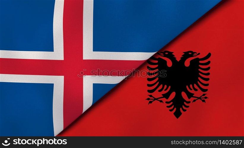Two states flags of Iceland and Albania. High quality business background. 3d illustration. The flags of Iceland and Albania. News, reportage, business background. 3d illustration