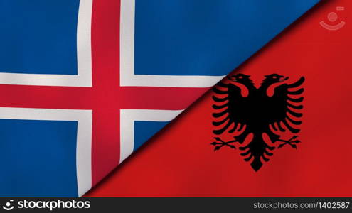 Two states flags of Iceland and Albania. High quality business background. 3d illustration. The flags of Iceland and Albania. News, reportage, business background. 3d illustration