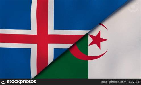Two states flags of Iceland and Algeria. High quality business background. 3d illustration. The flags of Iceland and Algeria. News, reportage, business background. 3d illustration