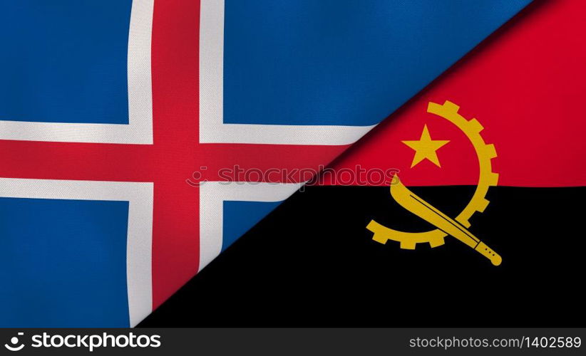 Two states flags of Iceland and Angola. High quality business background. 3d illustration. The flags of Iceland and Angola. News, reportage, business background. 3d illustration
