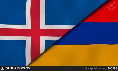 Two states flags of Iceland and Armenia. High quality business background. 3d illustration. The flags of Iceland and Armenia. News, reportage, business background. 3d illustration