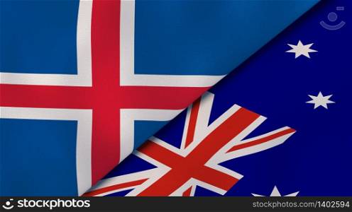 Two states flags of Iceland and Australia. High quality business background. 3d illustration. The flags of Iceland and Australia. News, reportage, business background. 3d illustration