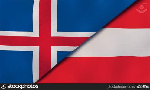 Two states flags of Iceland and Austria. High quality business background. 3d illustration. The flags of Iceland and Austria. News, reportage, business background. 3d illustration