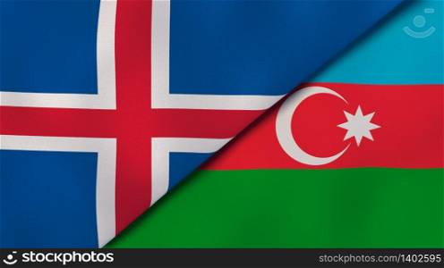Two states flags of Iceland and Azerbaijan. High quality business background. 3d illustration. The flags of Iceland and Azerbaijan. News, reportage, business background. 3d illustration