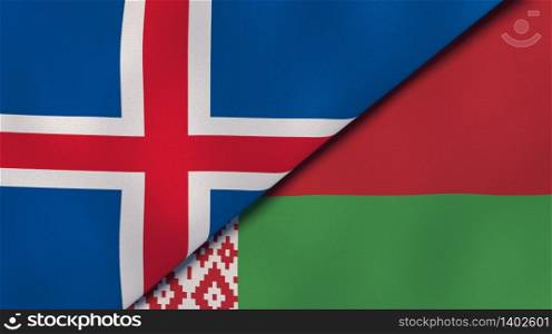 Two states flags of Iceland and Belarus. High quality business background. 3d illustration. The flags of Iceland and Belarus. News, reportage, business background. 3d illustration