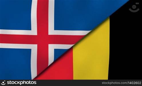 Two states flags of Iceland and Belgium. High quality business background. 3d illustration. The flags of Iceland and Belgium. News, reportage, business background. 3d illustration