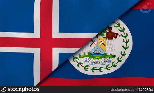Two states flags of Iceland and Belize. High quality business background. 3d illustration. The flags of Iceland and Belize. News, reportage, business background. 3d illustration