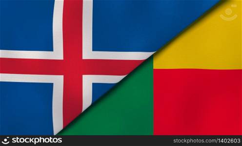 Two states flags of Iceland and Benin. High quality business background. 3d illustration. The flags of Iceland and Benin. News, reportage, business background. 3d illustration
