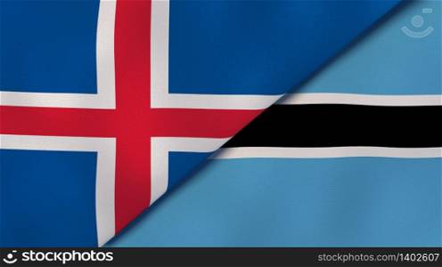 Two states flags of Iceland and Botswana. High quality business background. 3d illustration. The flags of Iceland and Botswana. News, reportage, business background. 3d illustration