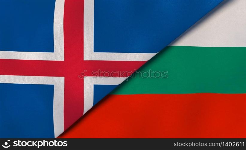 Two states flags of Iceland and Bulgaria. High quality business background. 3d illustration. The flags of Iceland and Bulgaria. News, reportage, business background. 3d illustration