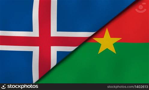 Two states flags of Iceland and Burkina Faso. High quality business background. 3d illustration. The flags of Iceland and Burkina Faso. News, reportage, business background. 3d illustration