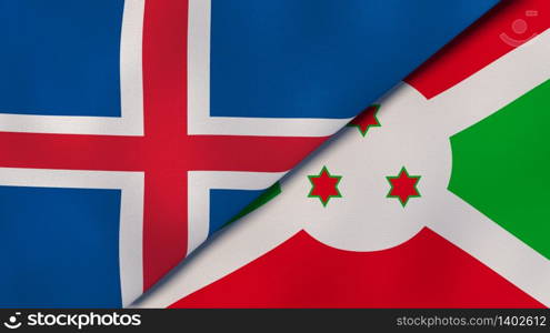 Two states flags of Iceland and Burundi. High quality business background. 3d illustration. The flags of Iceland and Burundi. News, reportage, business background. 3d illustration