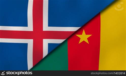 Two states flags of Iceland and Cameroon. High quality business background. 3d illustration. The flags of Iceland and Cameroon. News, reportage, business background. 3d illustration