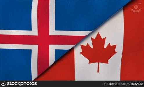 Two states flags of Iceland and Canada. High quality business background. 3d illustration. The flags of Iceland and Canada. News, reportage, business background. 3d illustration