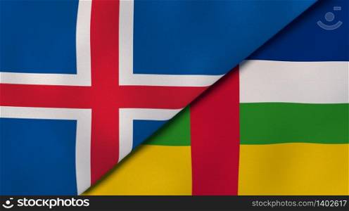 Two states flags of Iceland and Central African Republic. High quality business background. 3d illustration. The flags of Iceland and Central African Republic. News, reportage, business background. 3d illustration