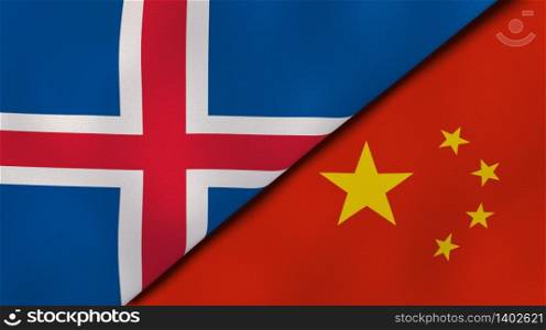 Two states flags of Iceland and China. High quality business background. 3d illustration. The flags of Iceland and China. News, reportage, business background. 3d illustration