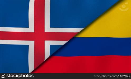 Two states flags of Iceland and Colombia. High quality business background. 3d illustration. The flags of Iceland and Colombia. News, reportage, business background. 3d illustration